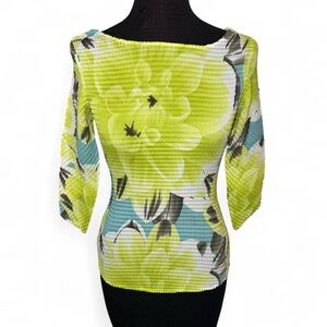 Cache Y2K Green and blue floral print scrunch 3/4 sleeve top size XS